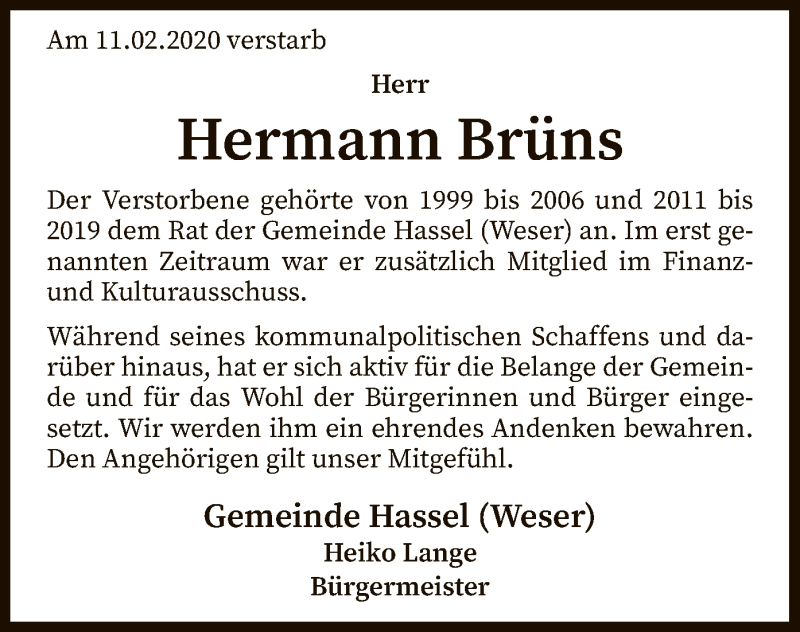  Traueranzeige für Hermann Brüns vom 18.02.2020 aus SYK