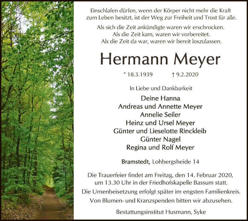  Traueranzeige für Hermann Meyer vom 12.02.2020 aus SYK