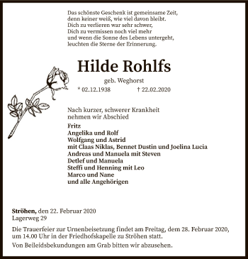 Traueranzeige von Hilde Rohlfs von SYK