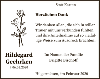 Traueranzeige von Hildegard Geehrken von SYK