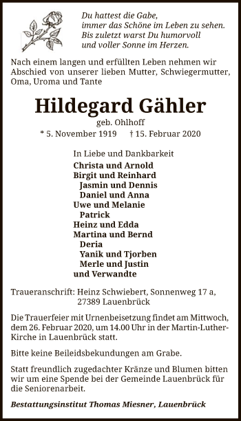 Traueranzeige von Hildegard Gähler von SYK