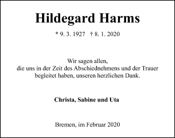 Traueranzeige von Hildegard Harms von SYK