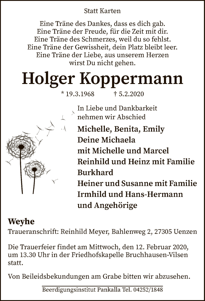  Traueranzeige für Holger Koppermann vom 08.02.2020 aus SYK