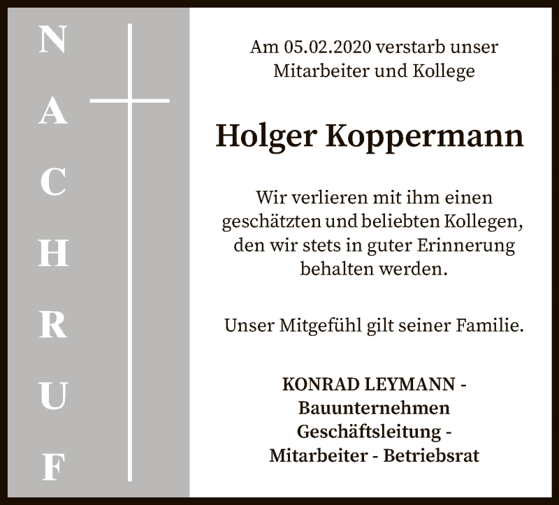  Traueranzeige für Holger Koppermann vom 11.02.2020 aus SYK