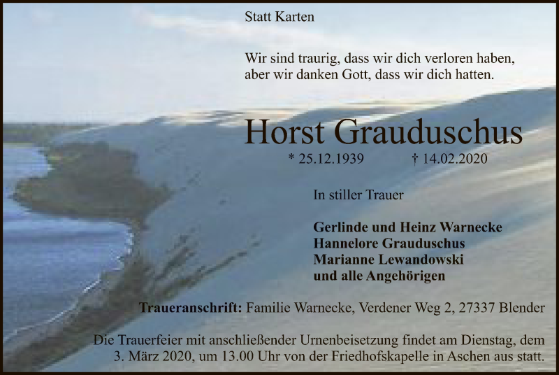  Traueranzeige für Horst Grauduschus vom 19.02.2020 aus SYK