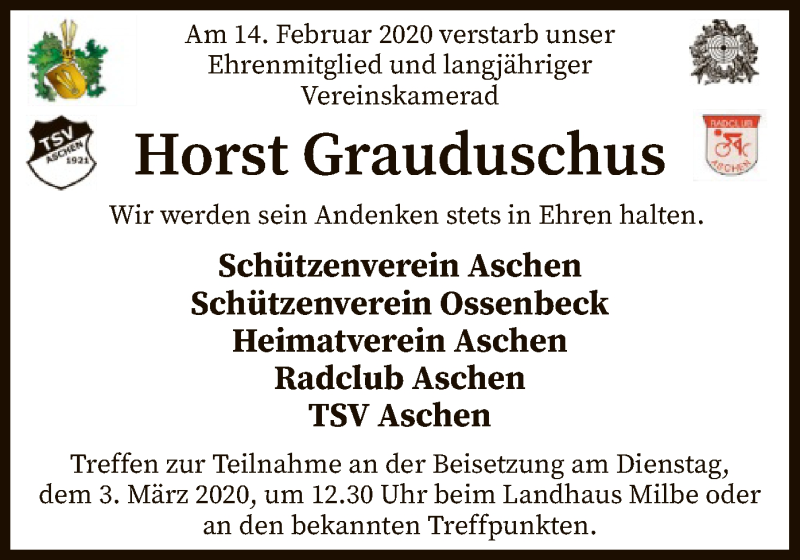  Traueranzeige für Horst Grauduschus vom 20.02.2020 aus SYK
