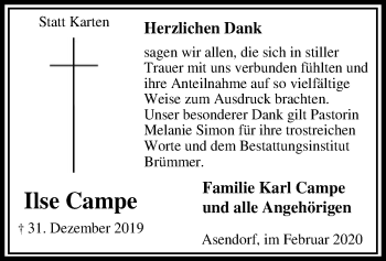 Traueranzeige von Ilse Campe von SYK