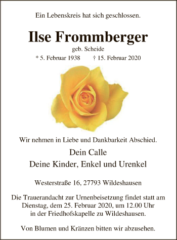Traueranzeige von Ilse Frommberger von SYK