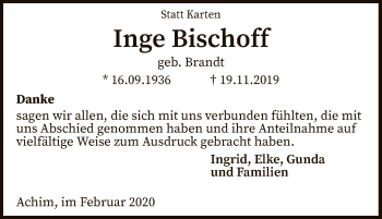 Traueranzeige von Inge Bischoff von SYK