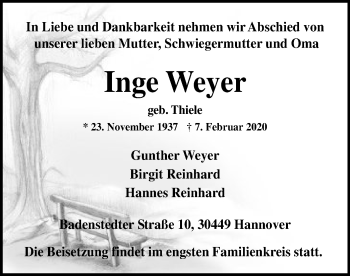 Traueranzeige von Inge Weyer von SYK