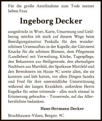 Traueranzeige von Ingeborg Decker von SYK