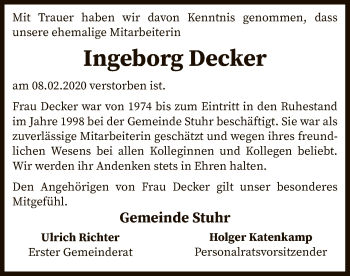 Traueranzeige von Ingeborg Decker von SYK