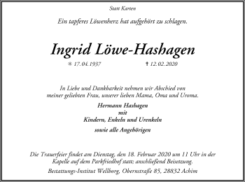 Traueranzeige von Ingrid Löwe-Hashagen von SYK