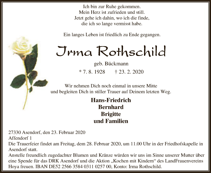  Traueranzeige für Irma Rothschild vom 25.02.2020 aus SYK