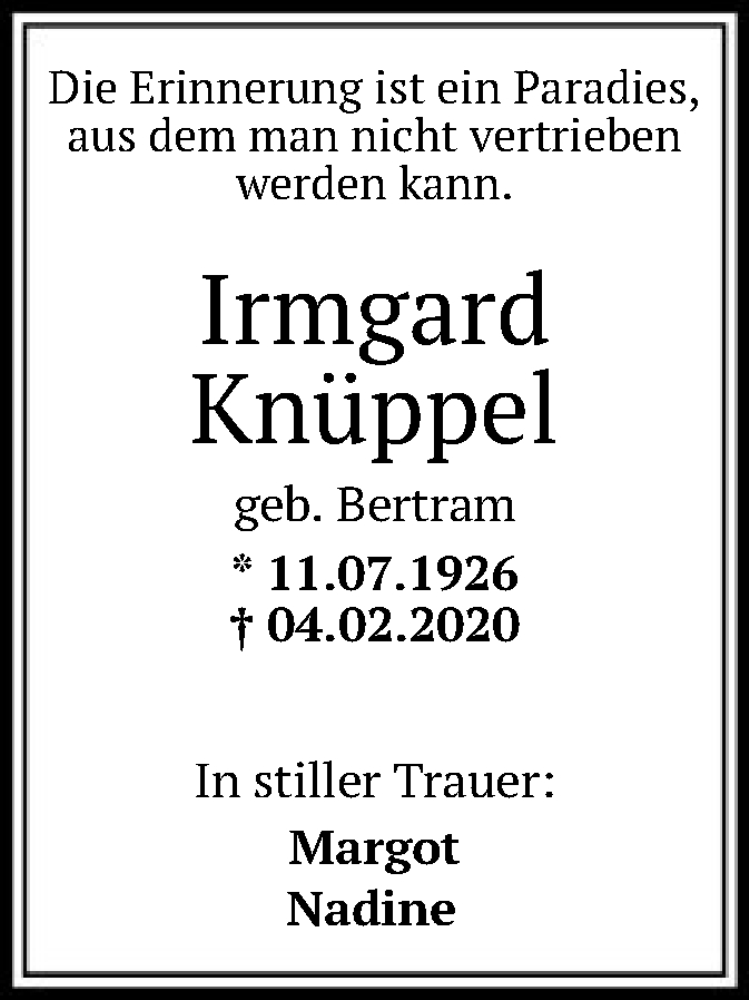  Traueranzeige für Irmgard Knüppel vom 15.02.2020 aus SYK