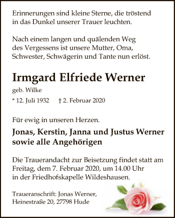 Traueranzeige von Irmgard Elfriede Werner von SYK