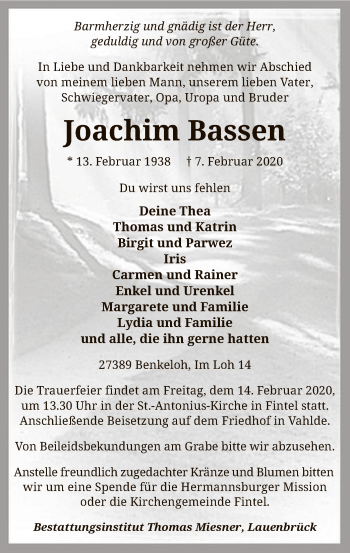 Traueranzeige von Joachim Bassen von SYK