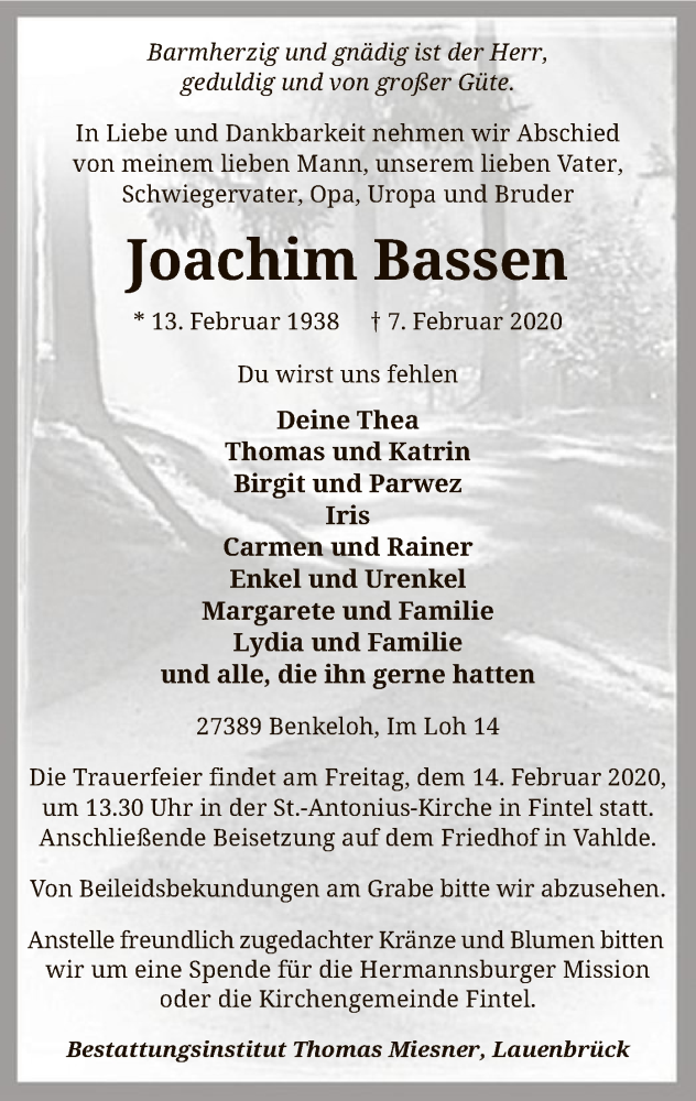  Traueranzeige für Joachim Bassen vom 11.02.2020 aus SYK