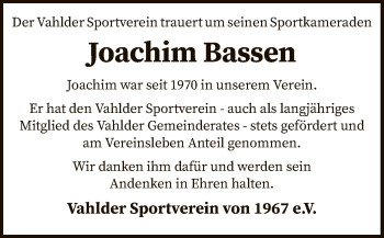 Traueranzeige von Joachim Bassen von SYK