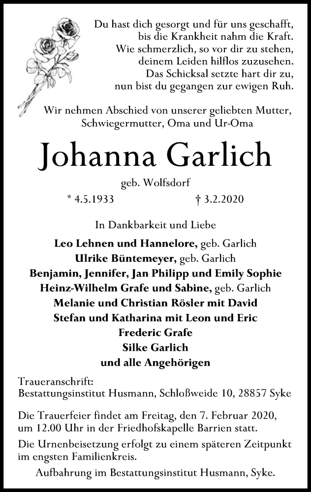  Traueranzeige für Johanna Garlich vom 05.02.2020 aus SYK