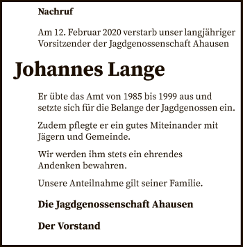 Traueranzeige von Johannes Lange von SYK