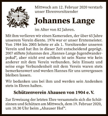 Traueranzeige von Johannes Lange von SYK