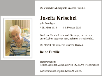 Traueranzeige von Josefa Krischel von SYK