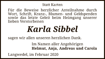 Traueranzeige von Karla Sibbel von SYK