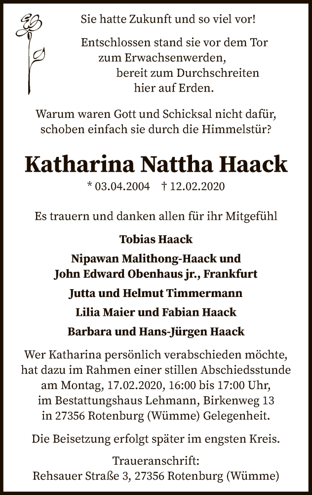  Traueranzeige für Katharina Nattha Haack vom 15.02.2020 aus SYK