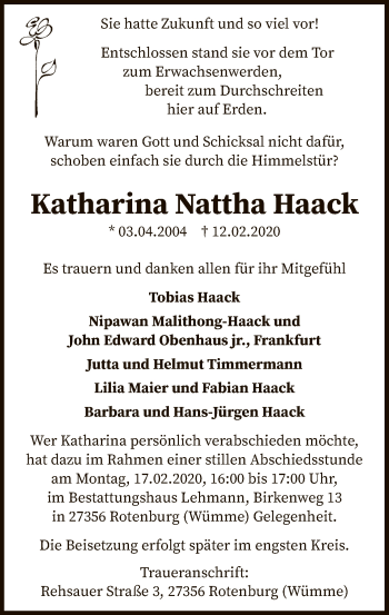 Traueranzeige von Katharina Nattha Haack von SYK