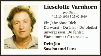 Traueranzeige von Lieselotte Varnhorn von SYK