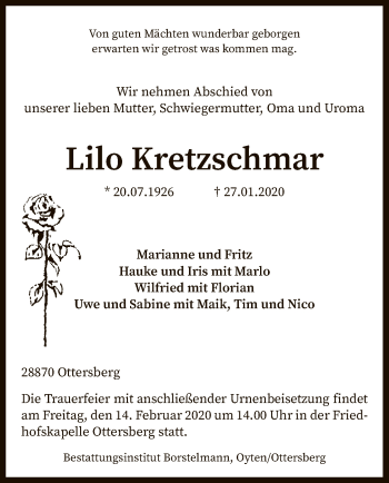 Traueranzeige von Lilo Kretzschmar von SYK