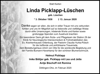 Traueranzeige von Linda Picklapp-Lüschen von SYK