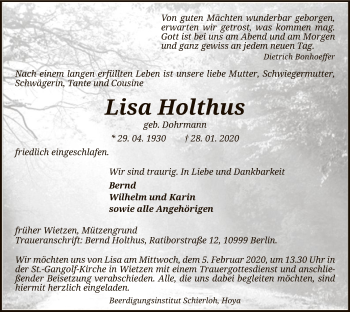 Traueranzeige von Lisa Holthus von SYK