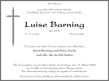 Traueranzeige von Luise Barning von SYK