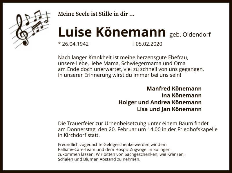  Traueranzeige für Luise Könemann vom 08.02.2020 aus SYK
