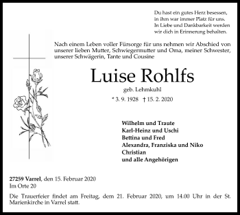 Traueranzeige von Luise Rohlfs von SYK