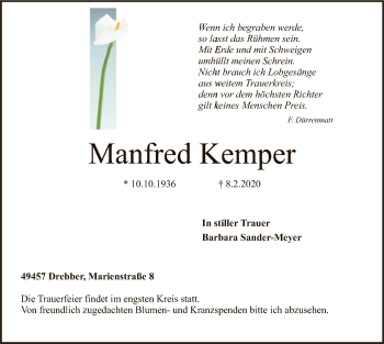 Traueranzeige von Manfred Kemper von SYK