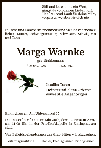 Traueranzeige von Marga Warnke von SYK