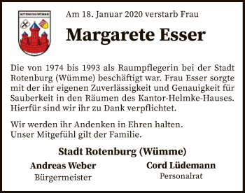 Traueranzeige von Margarete Esser von SYK