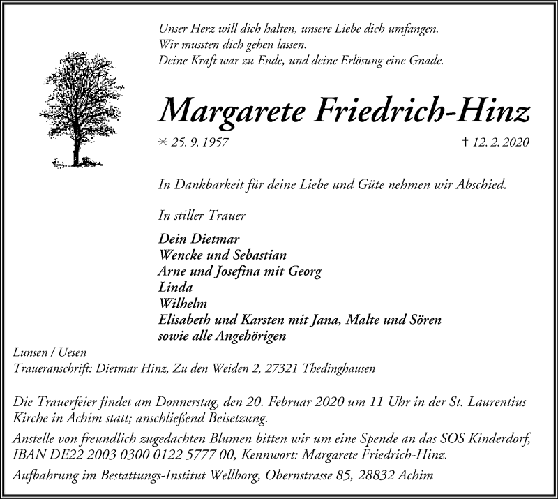  Traueranzeige für Margarete Friedrich-Hinz vom 17.02.2020 aus SYK