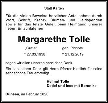 Traueranzeige von Margarethe Tolle von SYK