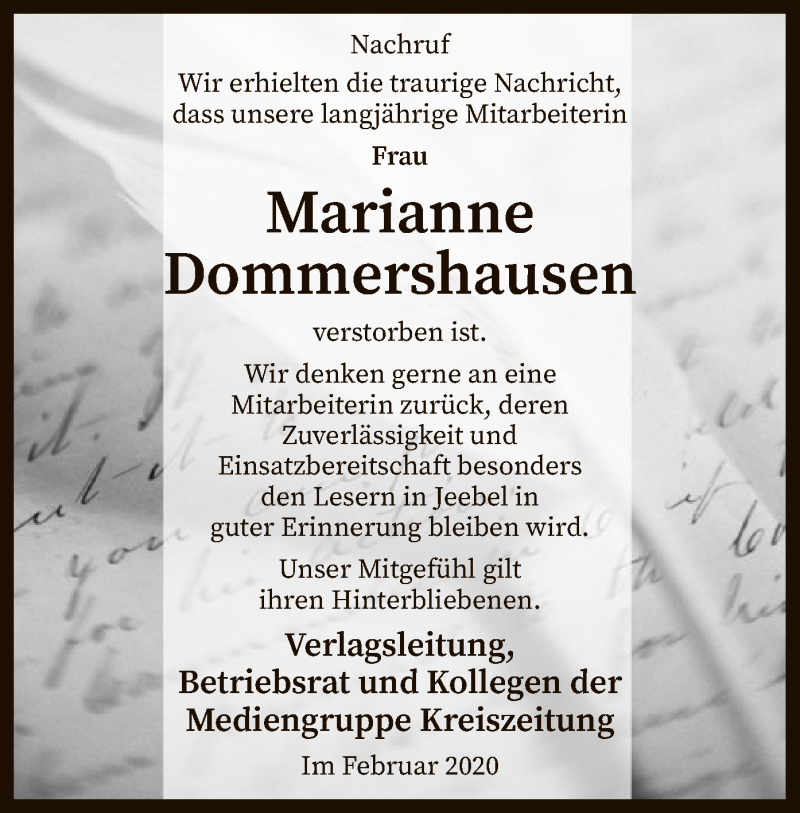  Traueranzeige für Marianne Dommershausen vom 07.02.2020 aus SYK