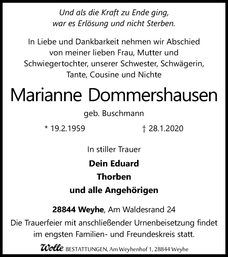  Traueranzeige für Marianne Dommershausen vom 01.02.2020 aus SYK