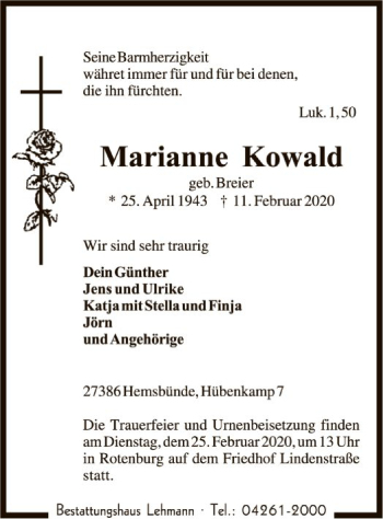 Traueranzeige von Marianne Kowald von SYK