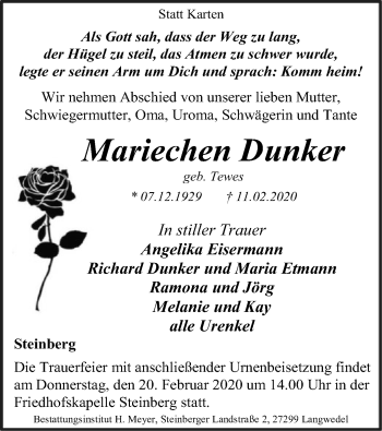 Traueranzeige von Mariechen Dunker von SYK