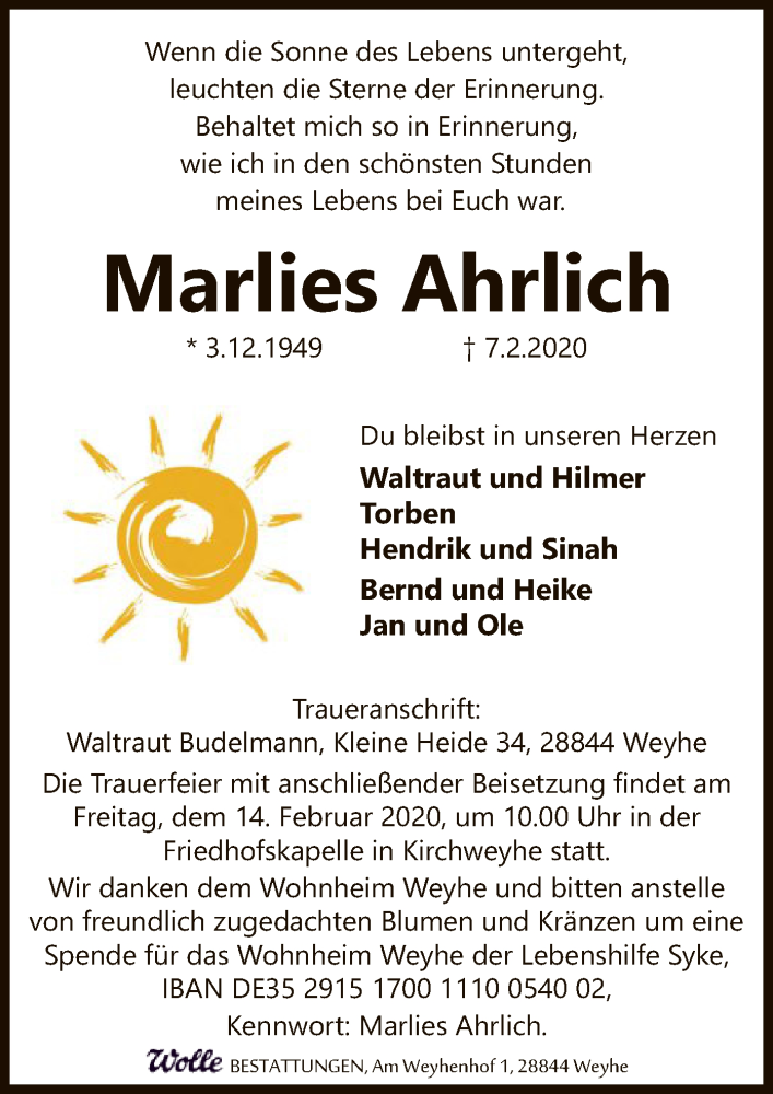  Traueranzeige für Marlies Ahrlich vom 11.02.2020 aus SYK