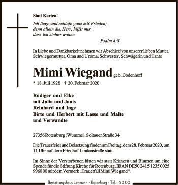 Traueranzeige von Mimi Wiegand von SYK