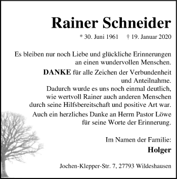 Traueranzeige von Rainer Schneider von SYK