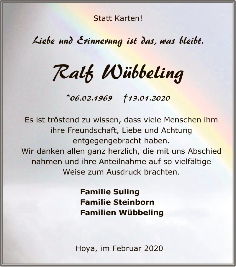  Traueranzeige für Ralf Wübbeling vom 29.02.2020 aus SYK
